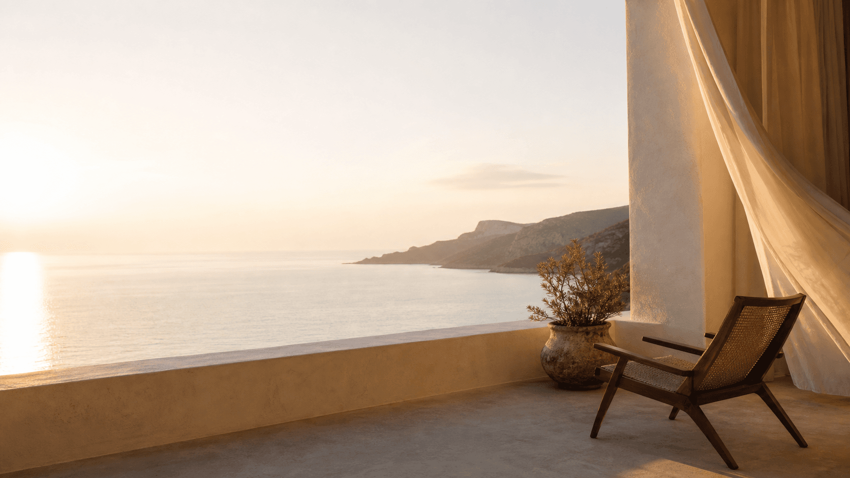 Sunlit boutique hotel terrace overlooking calm water